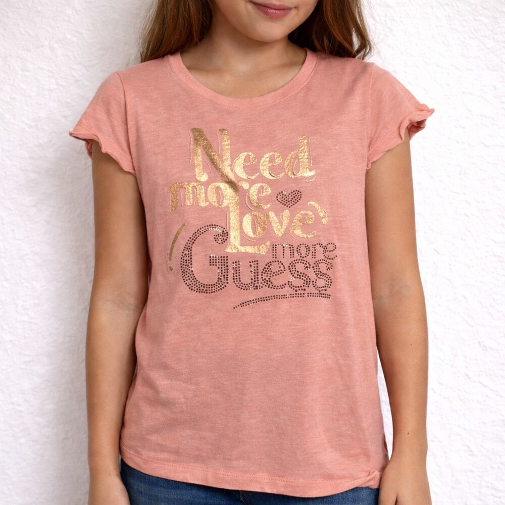 Guess Pink Graphic Tee Need More Love Rhinestone Logo Short Sleeve Sz 14 NWT